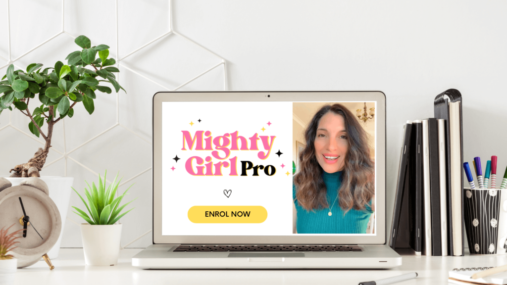 Woman on a computer screen with Mighty Girl Pro logo
